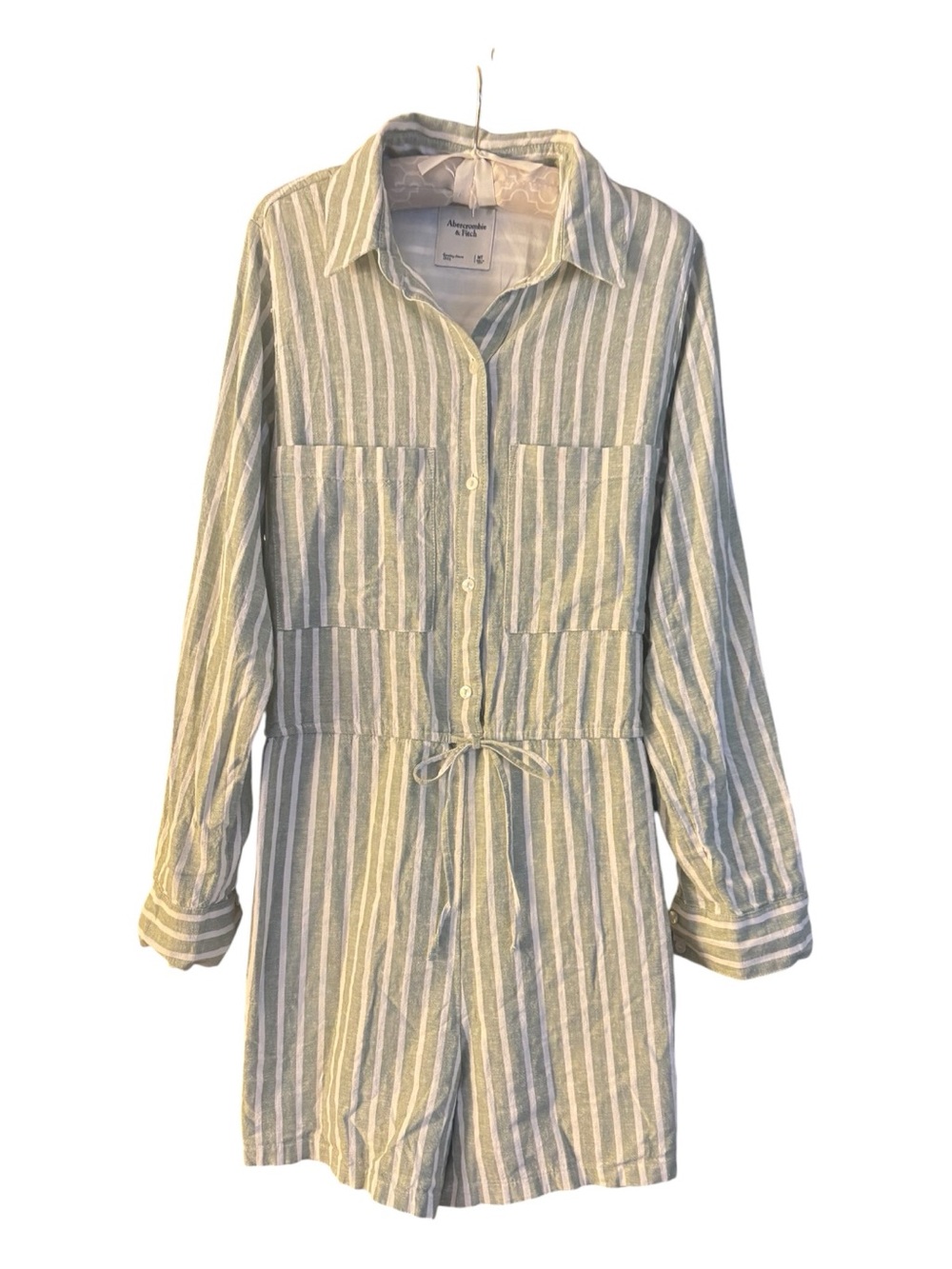 Abercrombie & Fitch linen blend Striped Button Romper with Drawstring Waist M/T